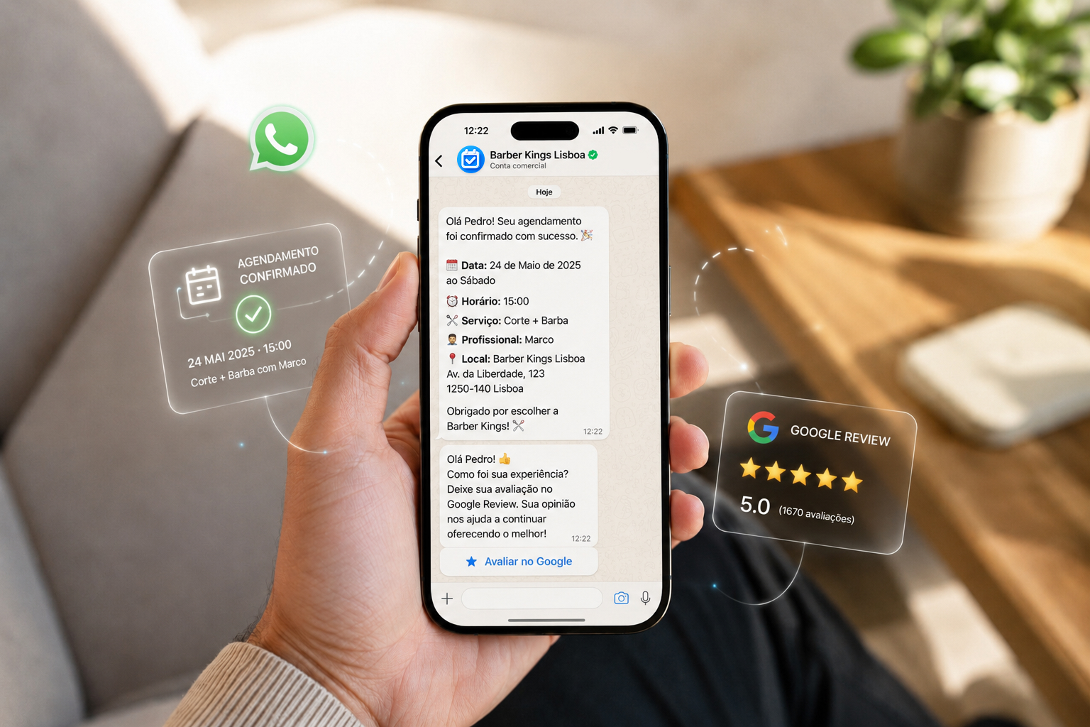 Telemóvel com lembrete de agendamento e pedido de Google Review enviados por WhatsApp pela Agendix