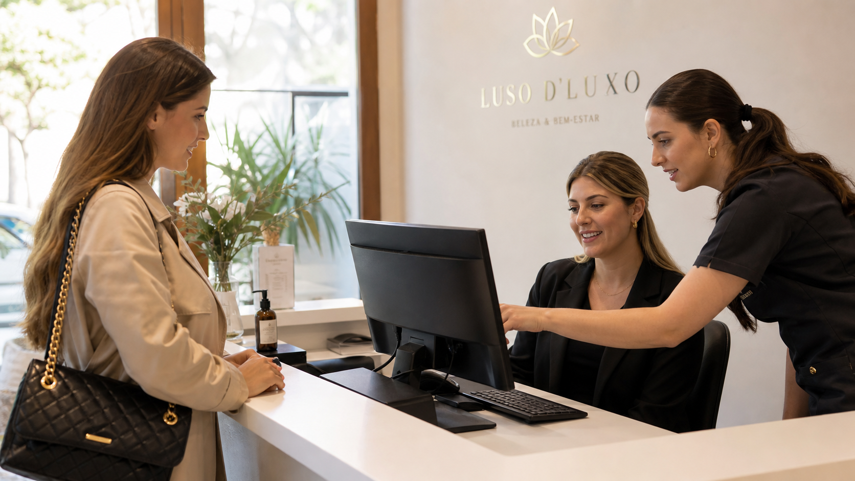 Rececionista e profissional de estética em Portugal a rever a ficha digital de uma cliente enquanto a recebem no balcão