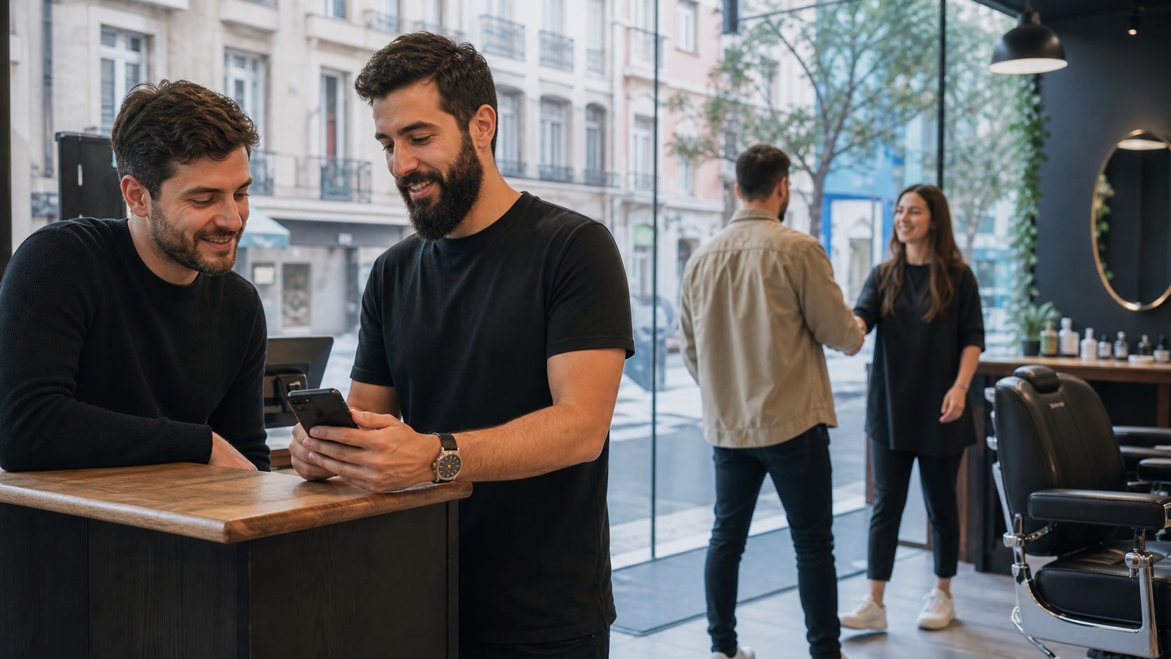 Dono de barbearia em Portugal a mostrar um link de marcação no telemóvel enquanto recebe um cliente