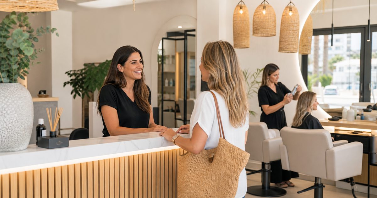 Rececionista de salão em Portugal a receber clientes enquanto consulta marcações online
