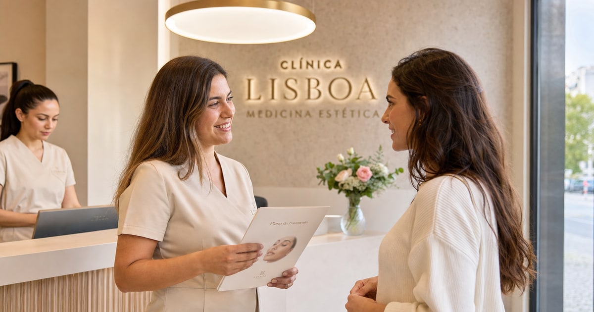 Profissional de clínica de estética a receber cliente em Portugal