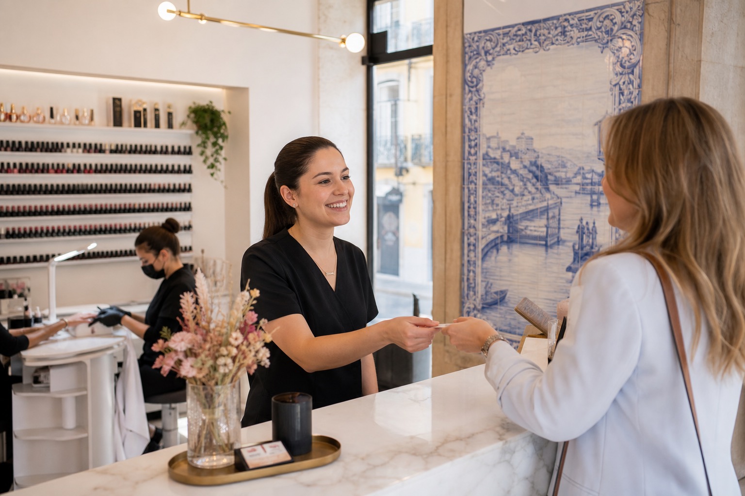 Rececionista e cliente num estúdio de unhas em Portugal enquanto a equipa trabalha em segundo plano