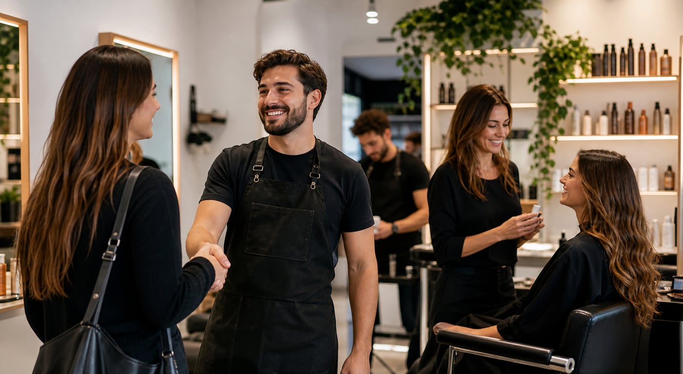 Equipa de salão de beleza a receber cliente em Portugal